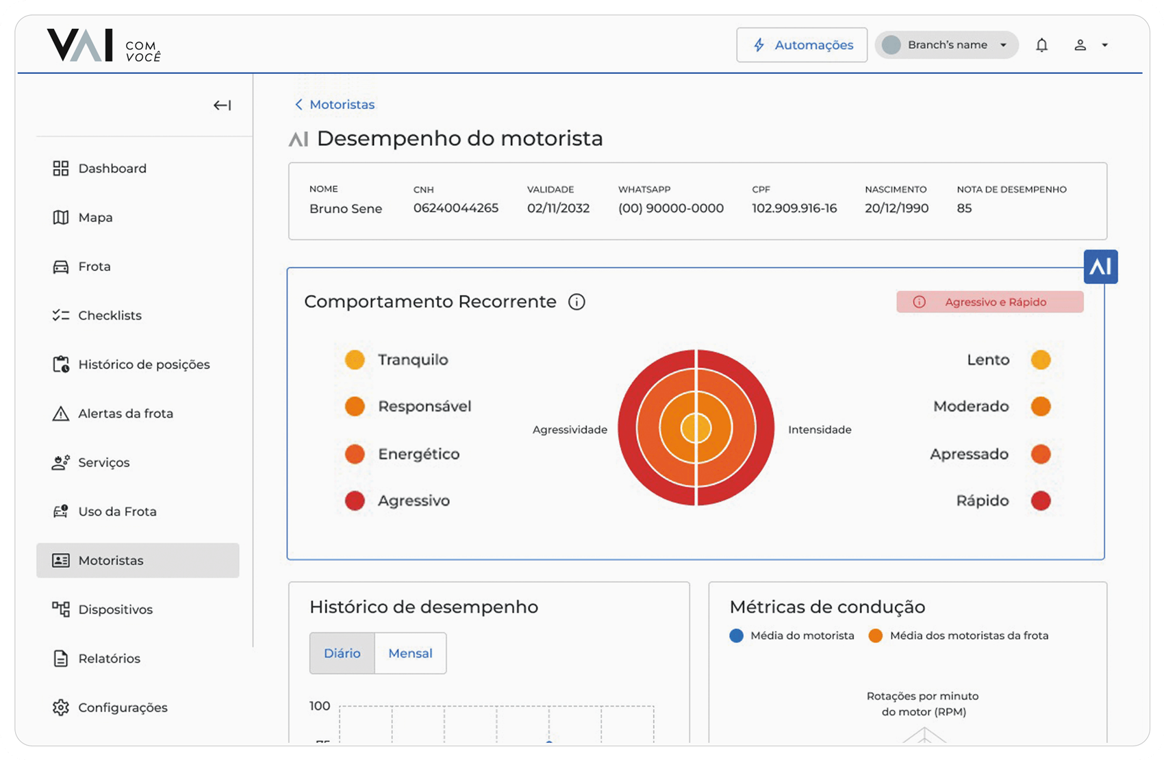 Dashboard VAI - Gestão de frotas e telemetria